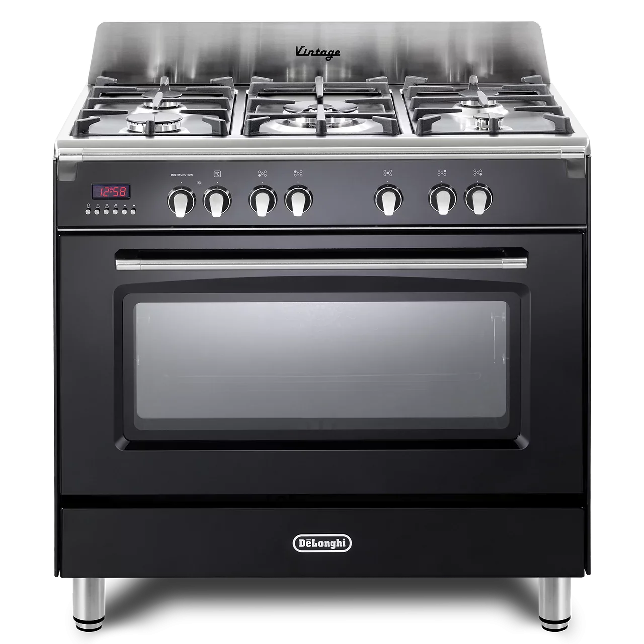 DeLonghi Vintage 90cm Single Cavity Dual Fuel Range Cooker DVRS916DFBL Gloss Black