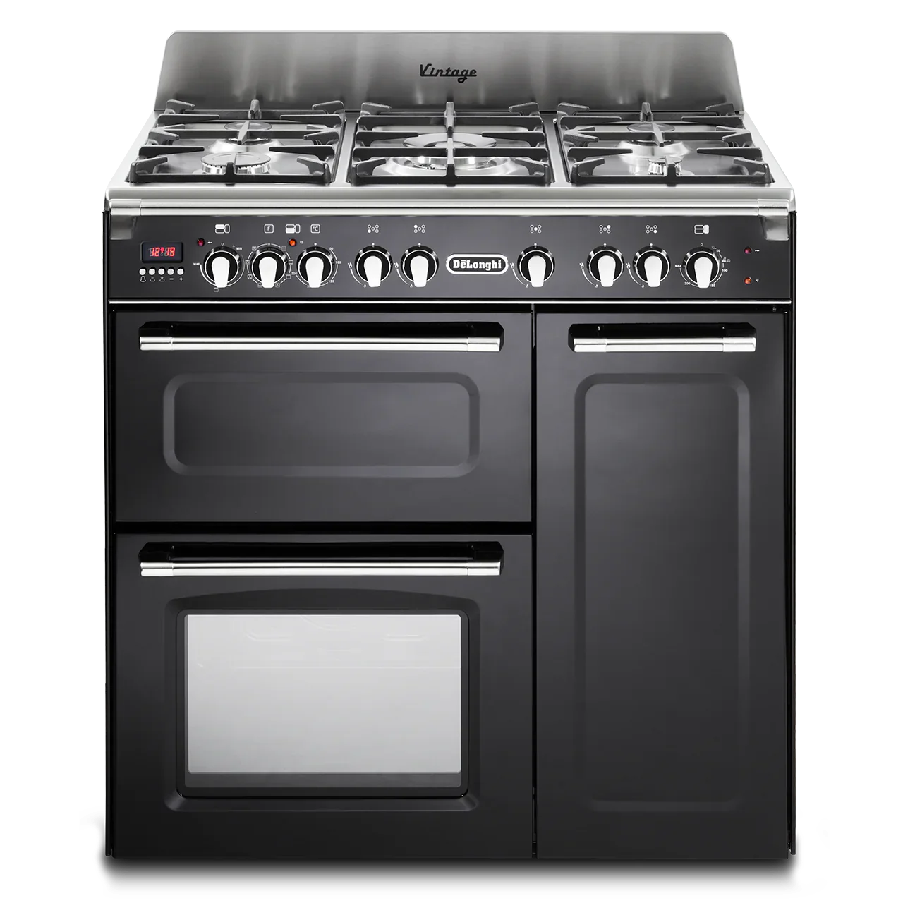 DeLonghi Vintage 90cm Three Cavity Dual Fuel Range Cooker D3VR908DFBL Gloss Black