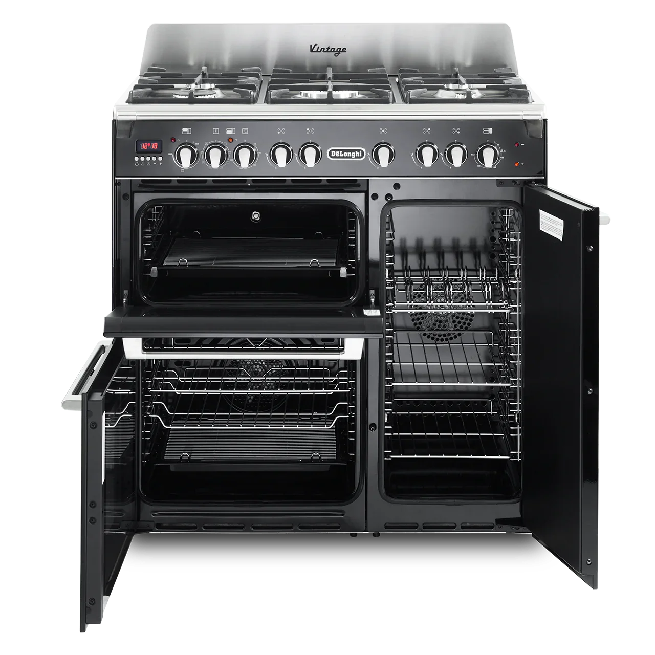 DeLonghi Vintage 90cm Three Cavity Dual Fuel Range Cooker D3VR908DFBL Gloss Black - Image 2