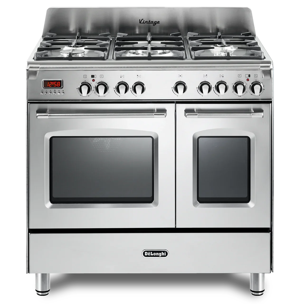 DeLonghi Vintage 90cm Twin Cavity Dual Fuel Range Cooker DVTR906-DF/SS Stainless Steel