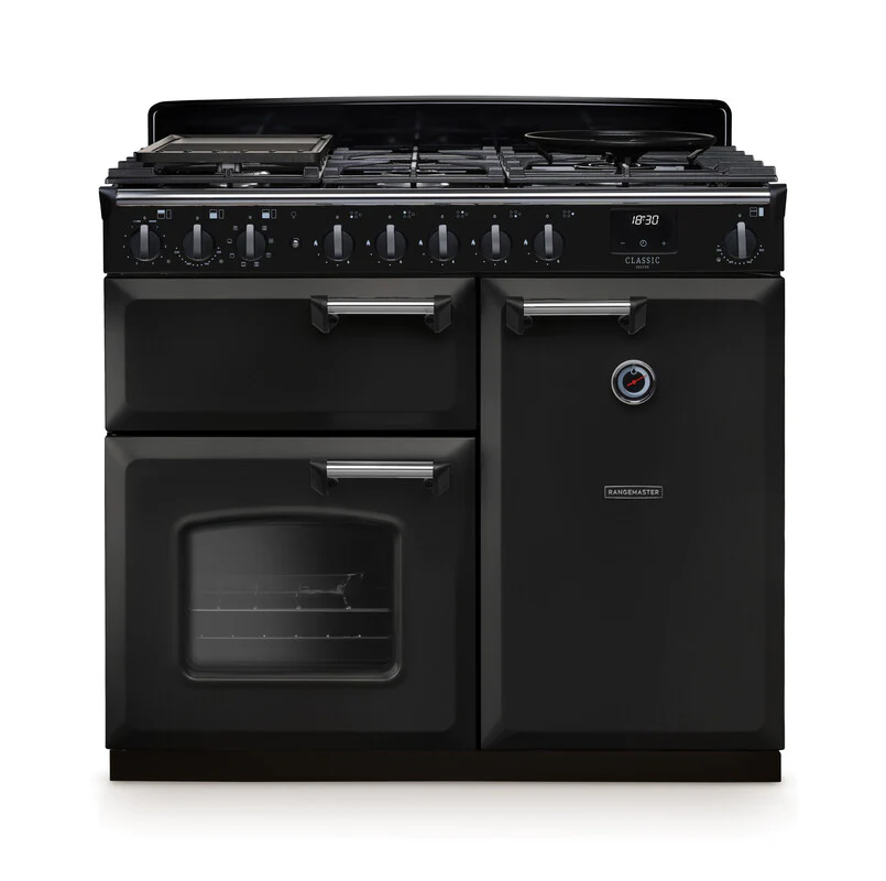 Rangemaster Classic Deluxe CLDL100DFPCBL/CM1 100cm Dual Fuel Charcoal Black/Chrome