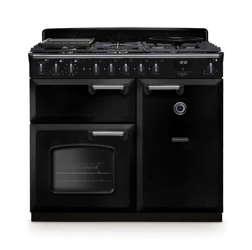 Rangemaster Classic Deluxe CLDL100DFPGBL/CM1 100cm Dual Fuel Gloss Black/Chrome