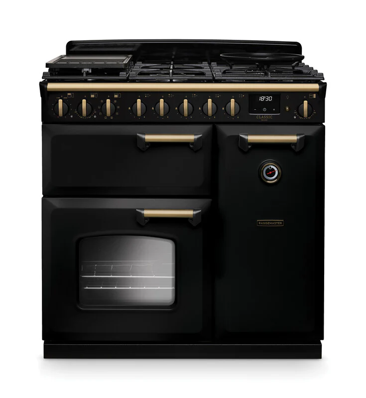 Rangemaster Classic Deluxe CLDL90DFPGBL/AB1 90cm Dual Fuel Gloss Black/Antique Brass