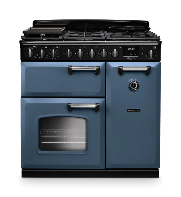 Rangemaster Classic Deluxe CLDL90DFPSTB/CM1 90cm Dual Fuel Stone Blue/Chrome