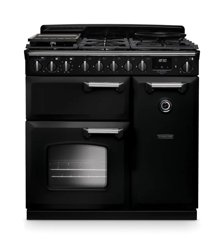 Rangemaster Classic Deluxe CLDL90DFPGBL/CM1 90cm Dual Fuel Gloss Black/Chrome