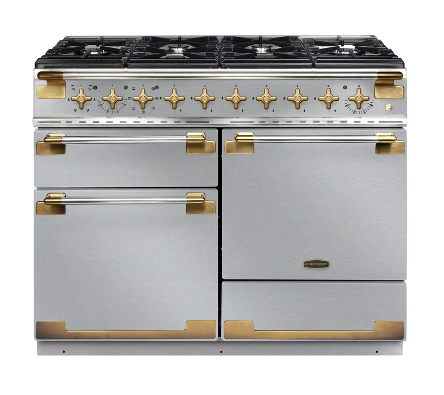 Rangemaster Elise Luxe ELS110DFFSS/AB 110cm Dual Fuel Range Cooker in Stainless Steel with Antique Brass