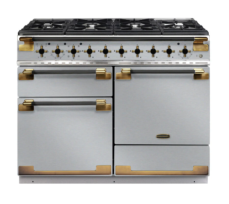 Rangemaster Elise Luxe ELS110DFFSS/BE 110cm Dual Fuel Range Cooker in Stainless Steel with Black Antique Brass