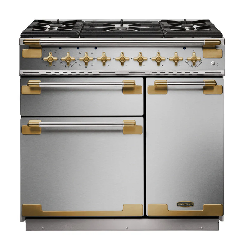 Rangemaster Elise Luxe ELS90DFFSS/AB 90cm Dual Fuel Range Cooker Stainless Steel with Antique Brass