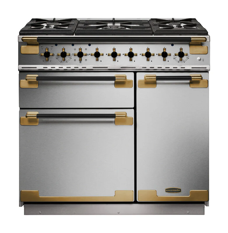Rangemaster Elise Luxe ELS90DFFSS/BE 90cm Dual Fuel Range Cooker Stainless Steel with Black Antique Brass