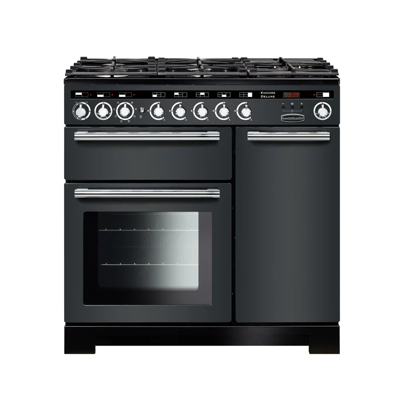 Rangemaster Encore Deluxe 90cm Dual Fuel Range Cooker Slate with Chrome