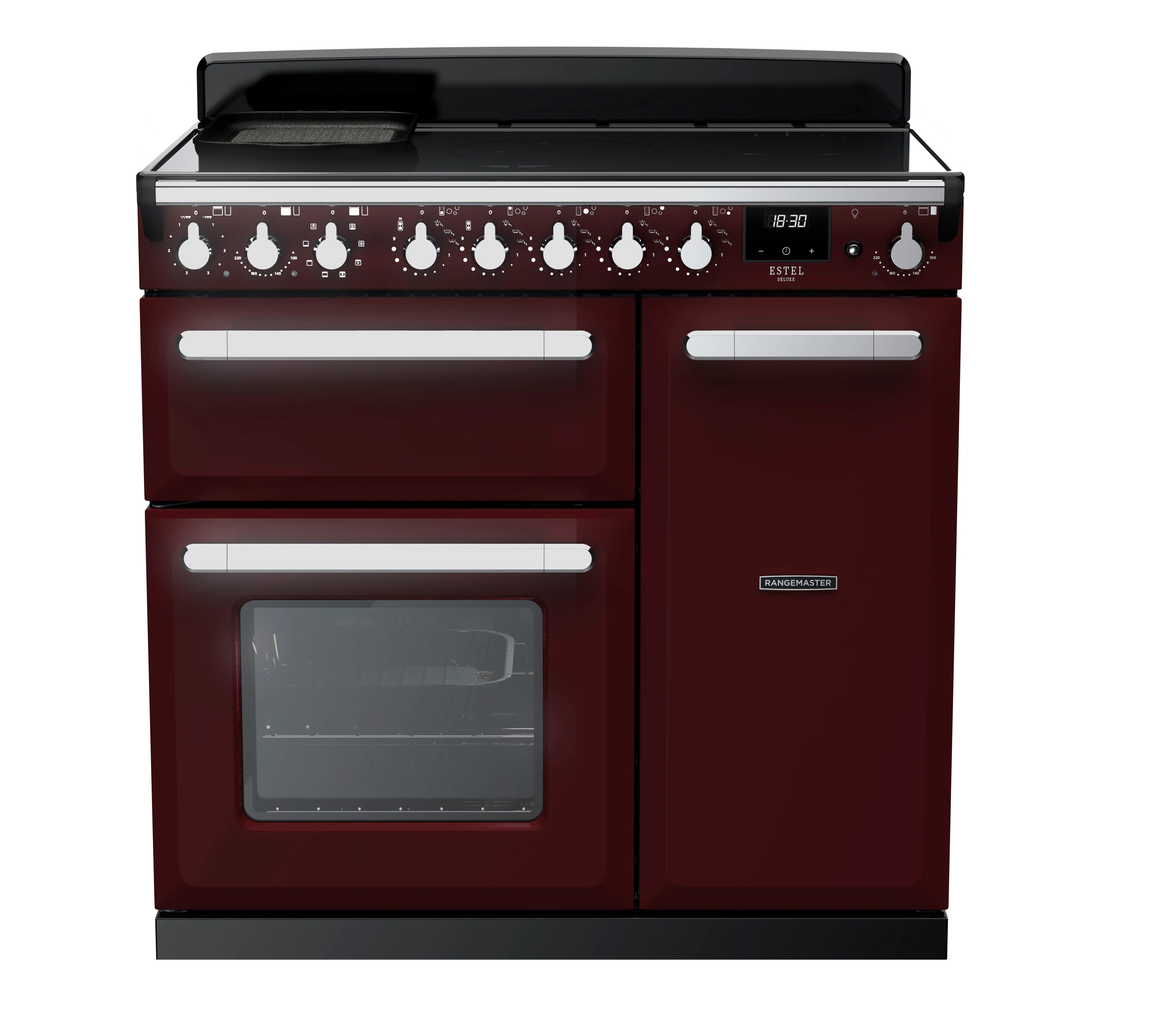 Rangemaster Estel Deluxe 90cm Induction Range Cooker ESDL90EIPBOR/CM1 Bordeaux with Chrome Trim