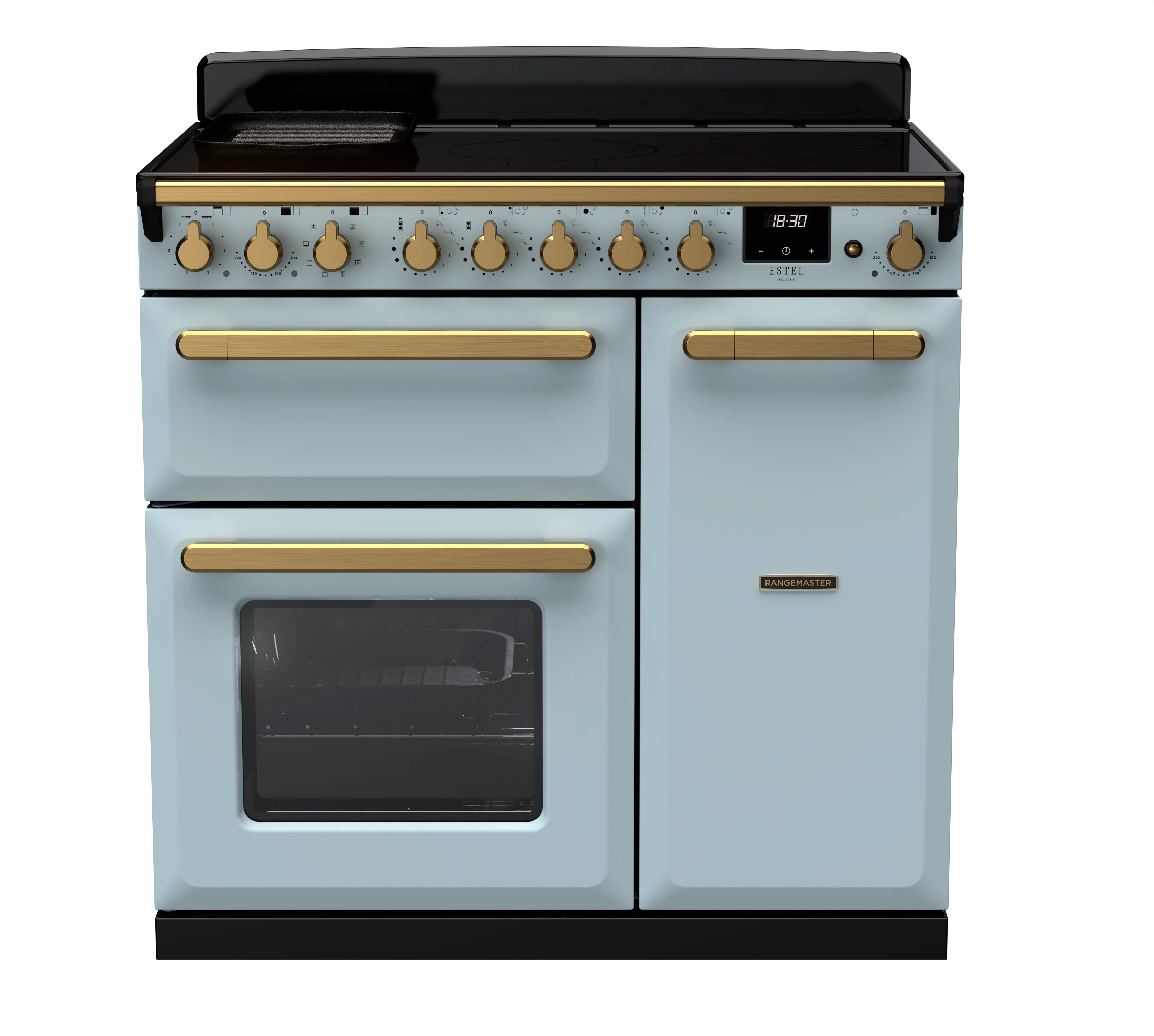 Rangemaster Estel Deluxe 90cm Induction Range Cooker ESDL90EIPMSB/AB10 Misty Blue with Antique Brass Trim