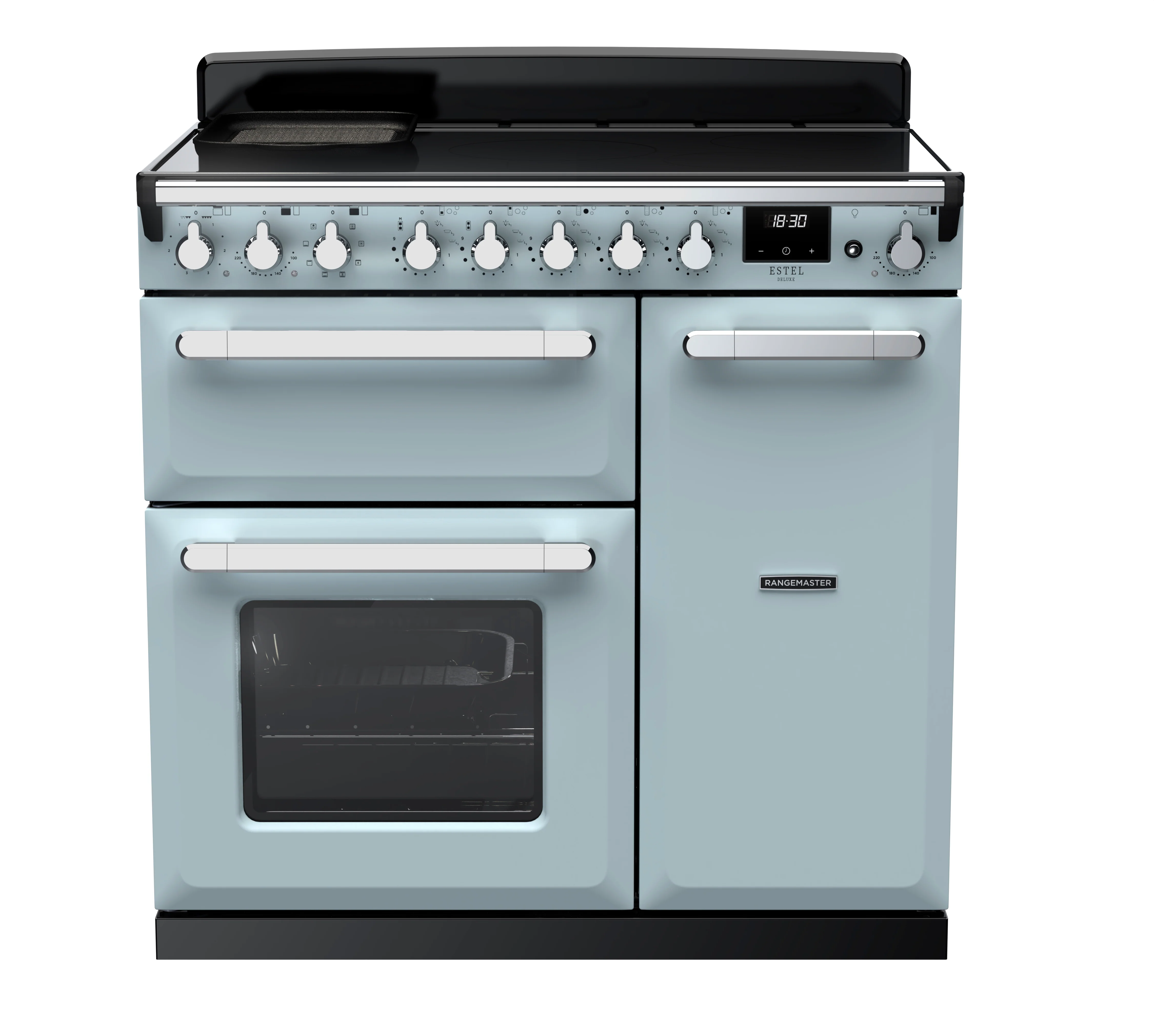 Rangemaster Estel Deluxe 90cm Induction Range Cooker ESDL90EIPMSB/CM1 Misty Blue with Chrome Trim