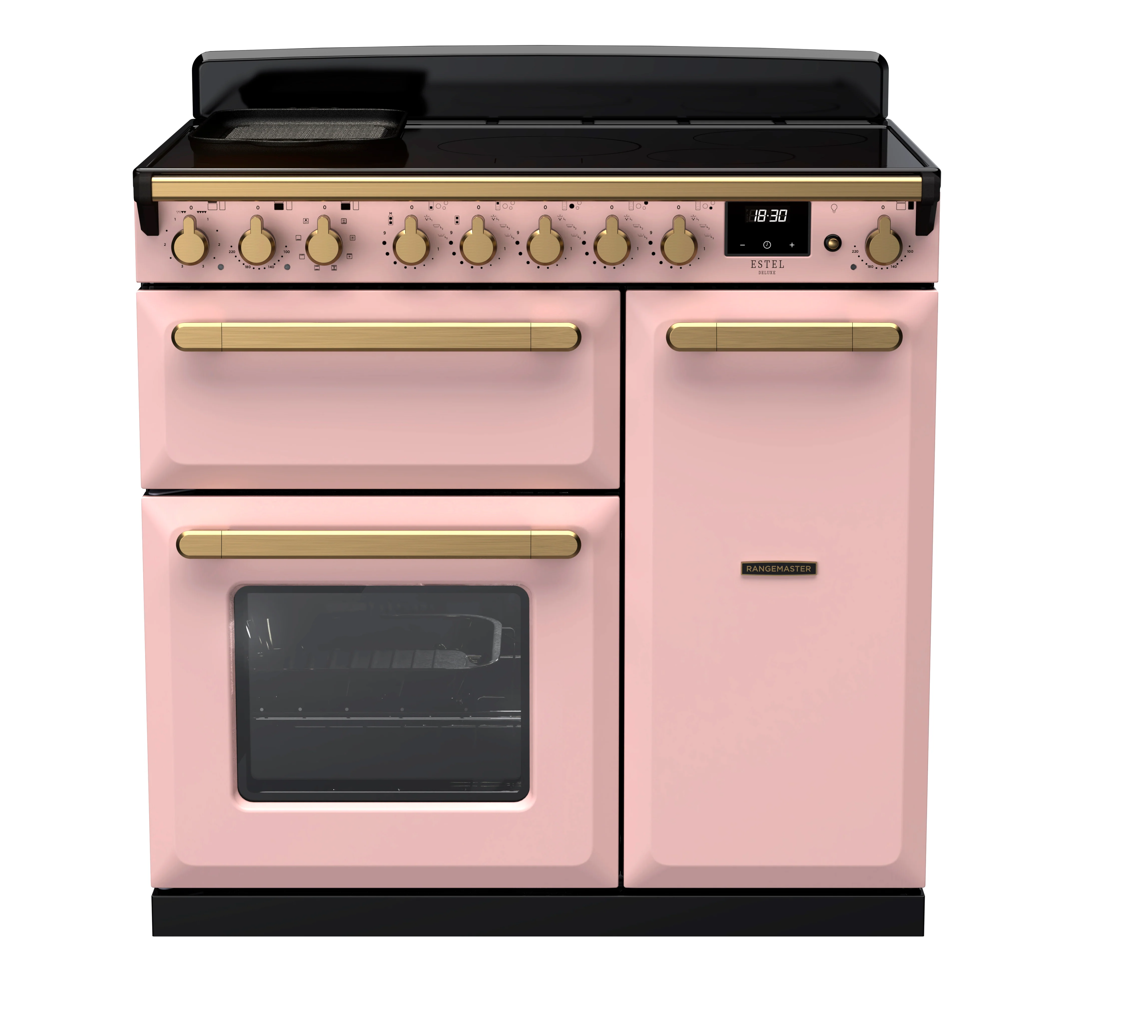 Rangemaster Estel Deluxe 90cm Induction Range Cooker ESDL90EIPPPK/AB1 Pale Pink with Antique Brass Trim