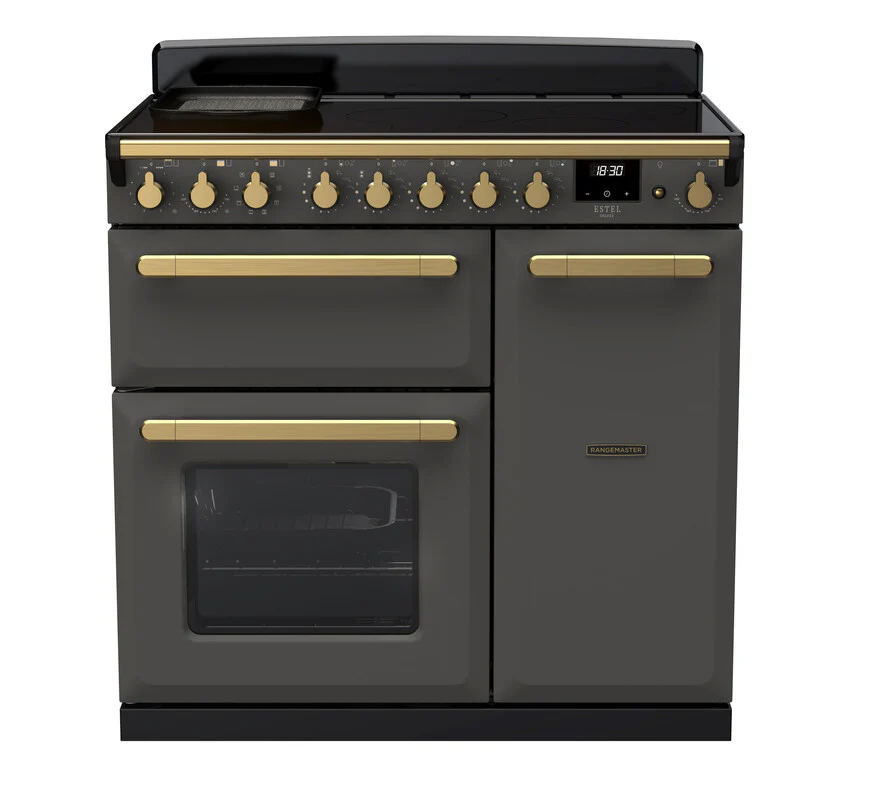 Rangemaster Estel Deluxe 90cm Induction Range Cooker ESDL90EIPSLT/AB1 Slate with Antique Brass Trim