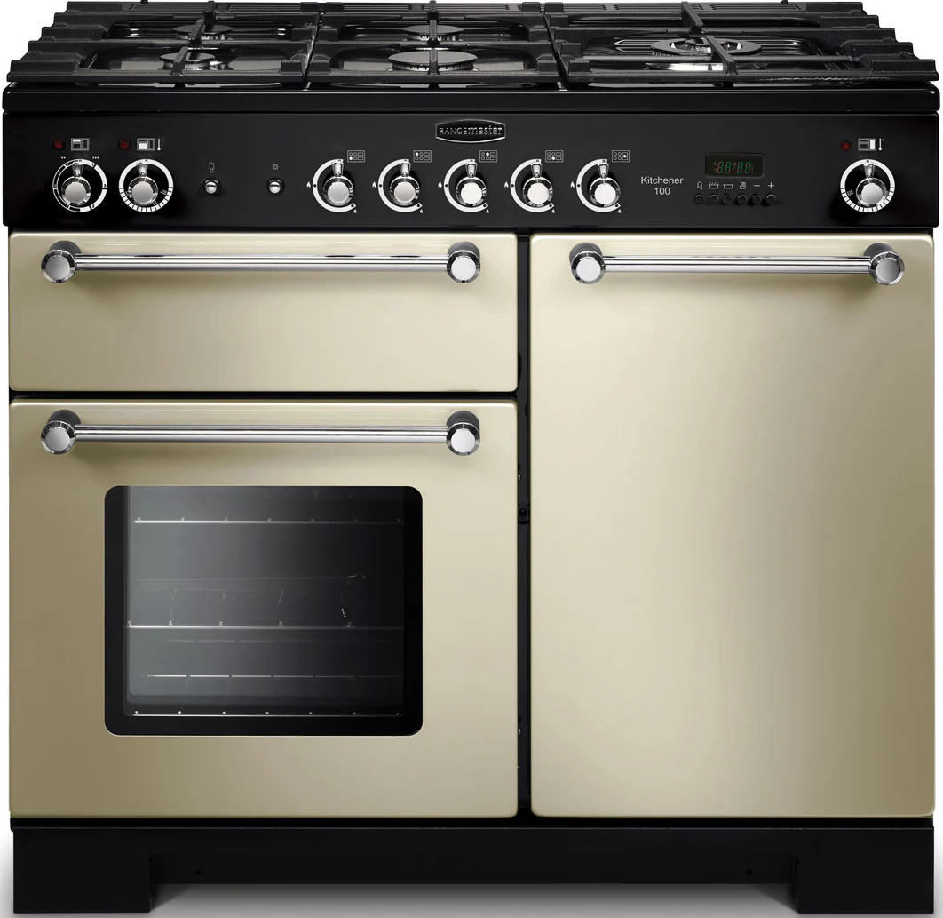 Rangemaster Kitchener 100cm Dual Fuel Range Cooker Cream with Chrome