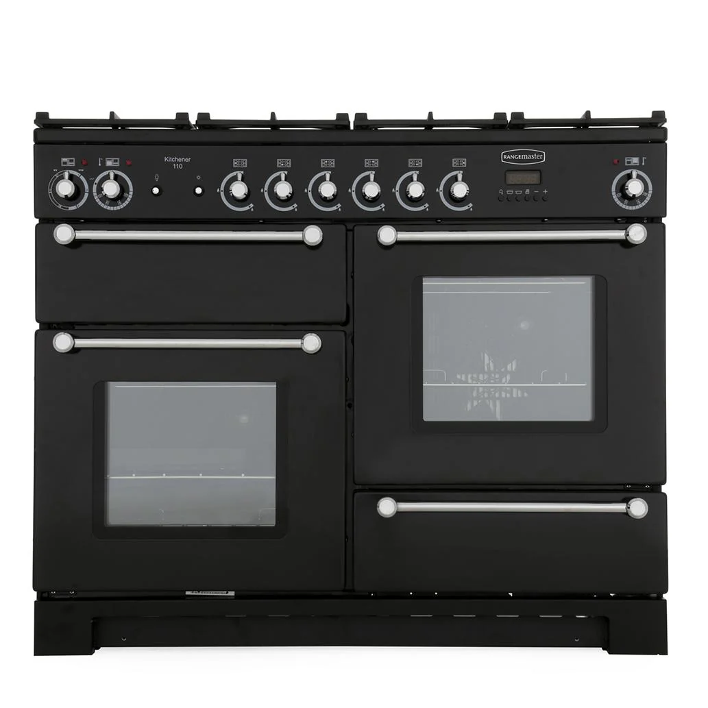 Rangemaster Kitchener 110cm Dual Fuel Range Cooker Black with Chrome
