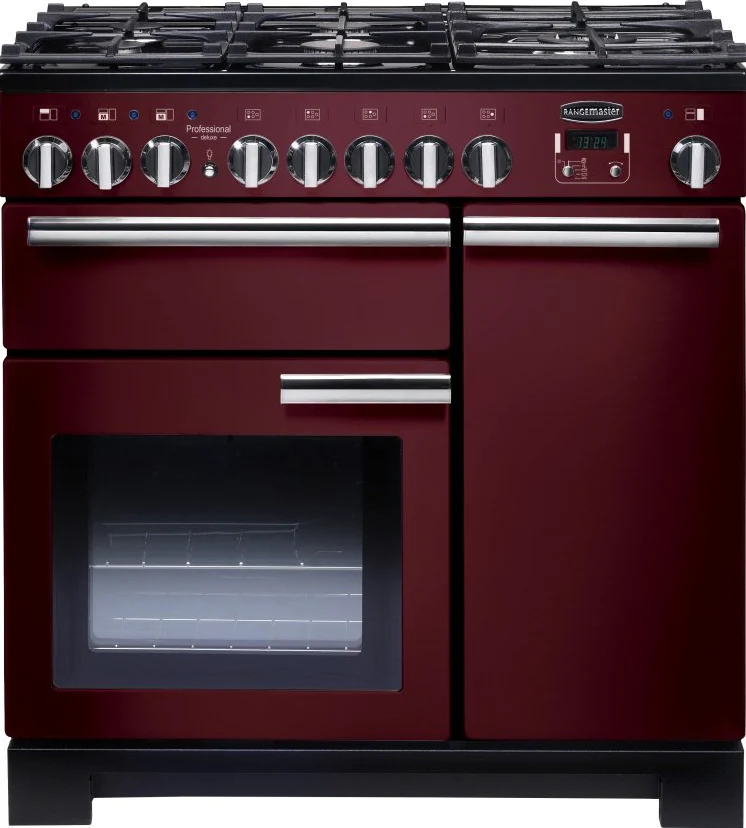 Rangemaster PDL90DFFCY/C Professional Deluxe 90cm Dual Fuel Range Cooker Cranberry with Chrome