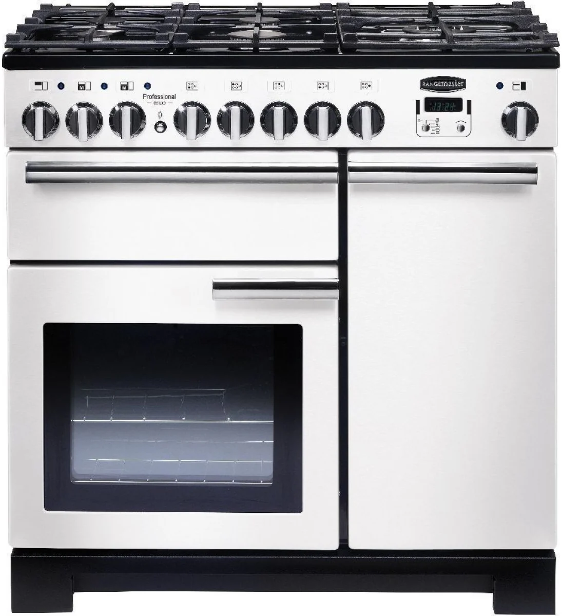 Rangemaster PDL90DFFWH/C Professional Deluxe 90cm Dual Fuel Range Cooker White with Chrome